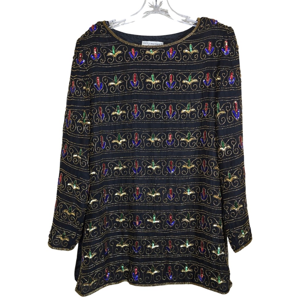 VTG Papell Boutique Mardi Gras Beaded Sequin Top‎ Silk Tunic Black Gold Green L